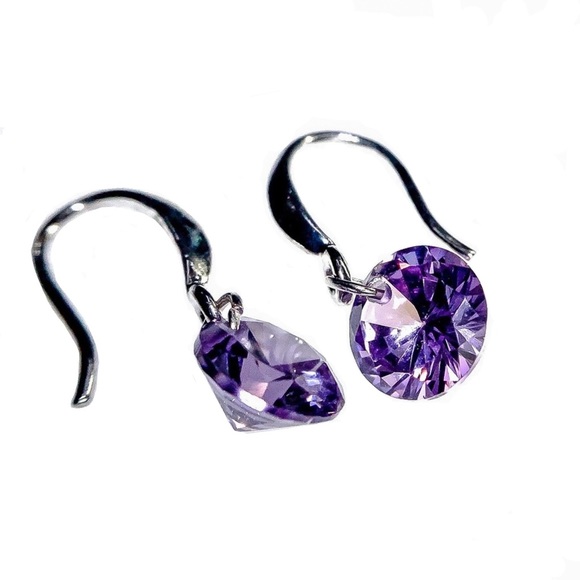 925 Stamped 8mm Purple CZ Drop Earrings - Picture 2 of 7